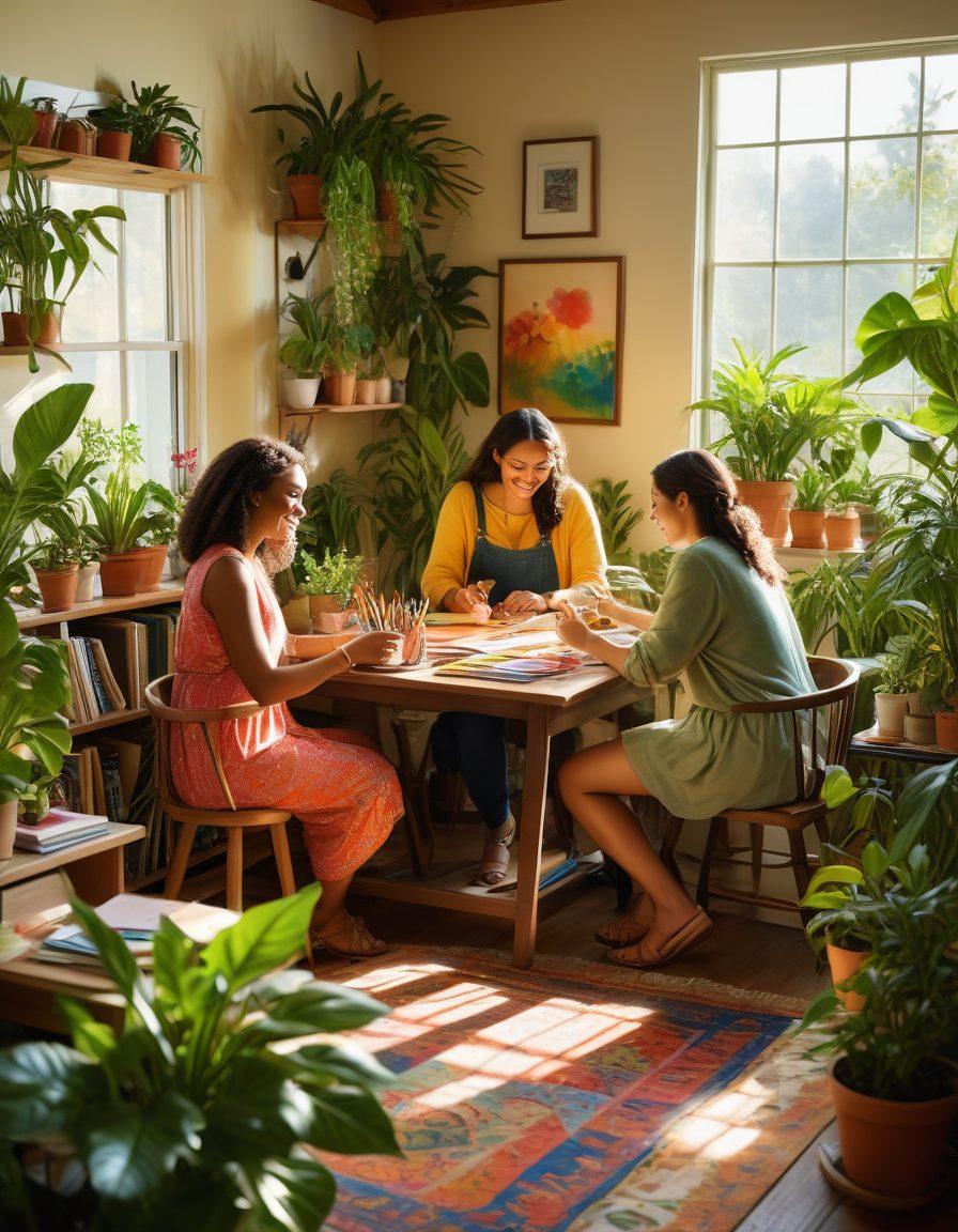 A diverse group of people engaged in a lively collaboration, sharing ideas with joy and excitement in a cozy, sunlit workspace filled with plants and colorful art supplies. Each person represents different cultures and backgrounds, showcasing unity in diversity. The atmosphere is vibrant, with warm colors that evoke a sense of fellowship and happiness. soft focus, bright colors, warm lighting.