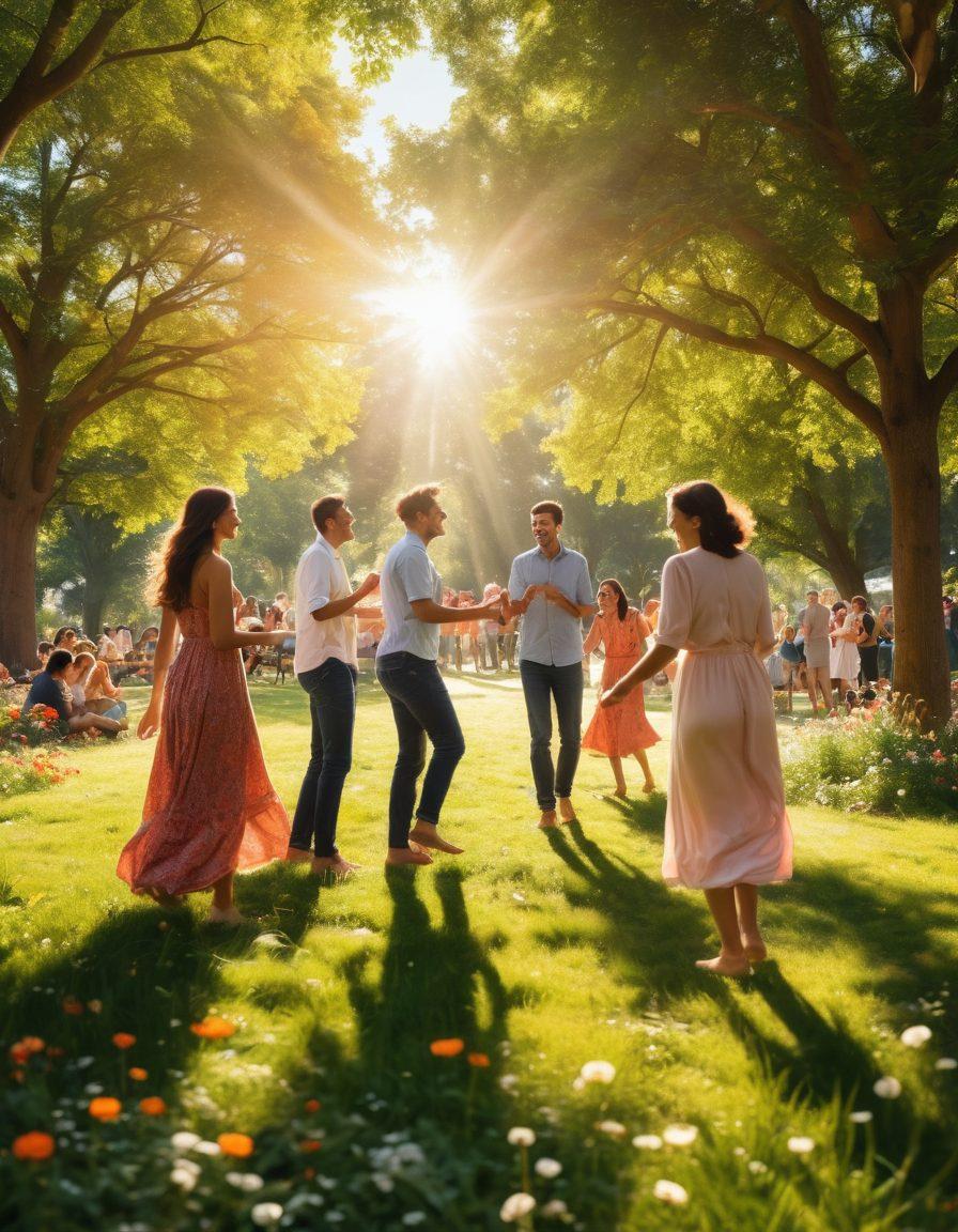 A vibrant community gathering in a sunlit park, showcasing diverse individuals engaged in joyful activities like sharing food, playing games, and laughing together. Surrounding them are flourishing flowers and trees, symbolizing growth and positivity. Include warm, glowing sunlight to enhance the happy atmosphere. super-realistic. vibrant colors. sunny background.