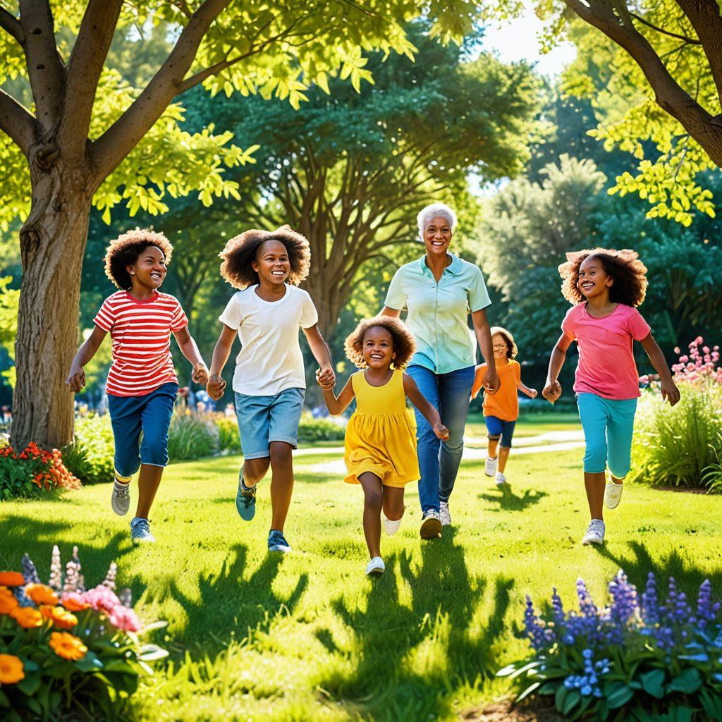 A diverse group of smiling people of different ages and ethnic backgrounds sharing joyful moments in a sunny park, surrounded by lush greenery and colorful flowers. The scene radiates warmth and positivity, featuring playful kids, engaging conversations, and acts of kindness, such as one person helping another. Sunlight filters through trees, casting a golden glow on the happy expressions. super-realistic. vibrant colors. soft focus.